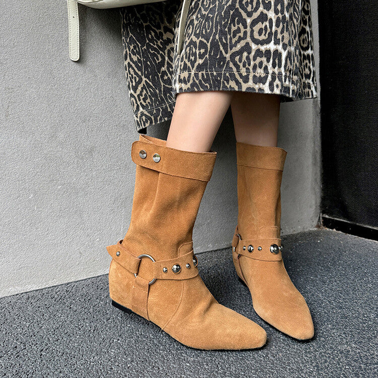 Karin Luna has prepared stock  Hot-Selling Retro Pointed Toe Wedge Metal Buckle High Tube Western Boots
