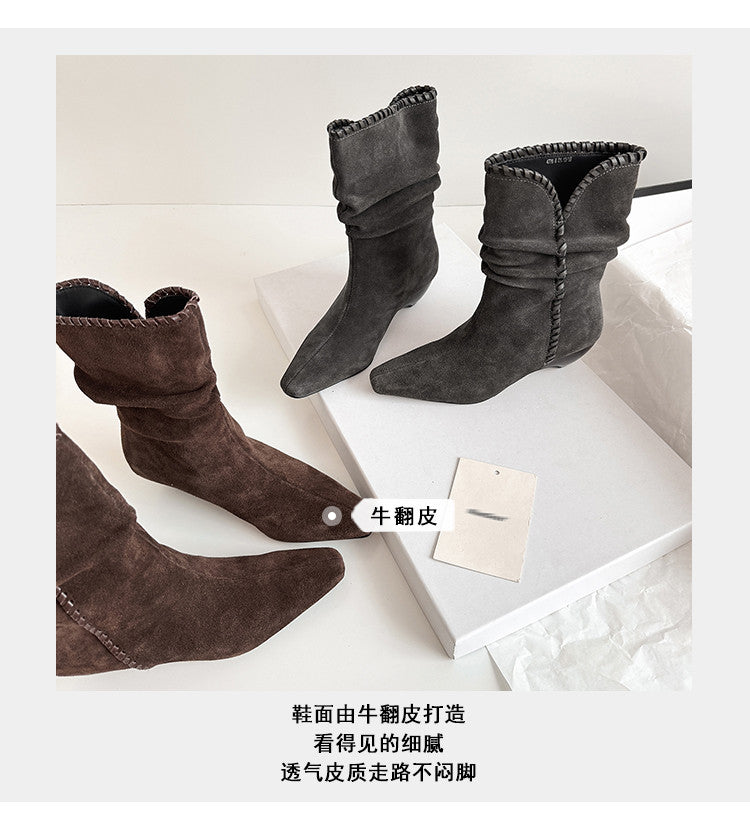 Karin Luna Small Square Toe Retro Ruched Pile Short Boots