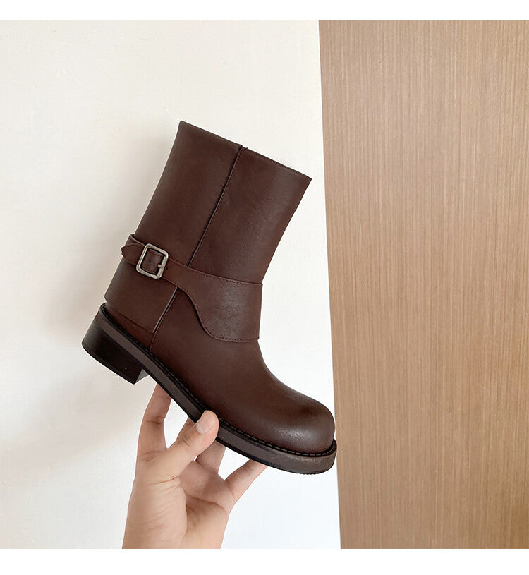 Karin Luna Belt Buckle Chunky Heel Fashion Short Boots