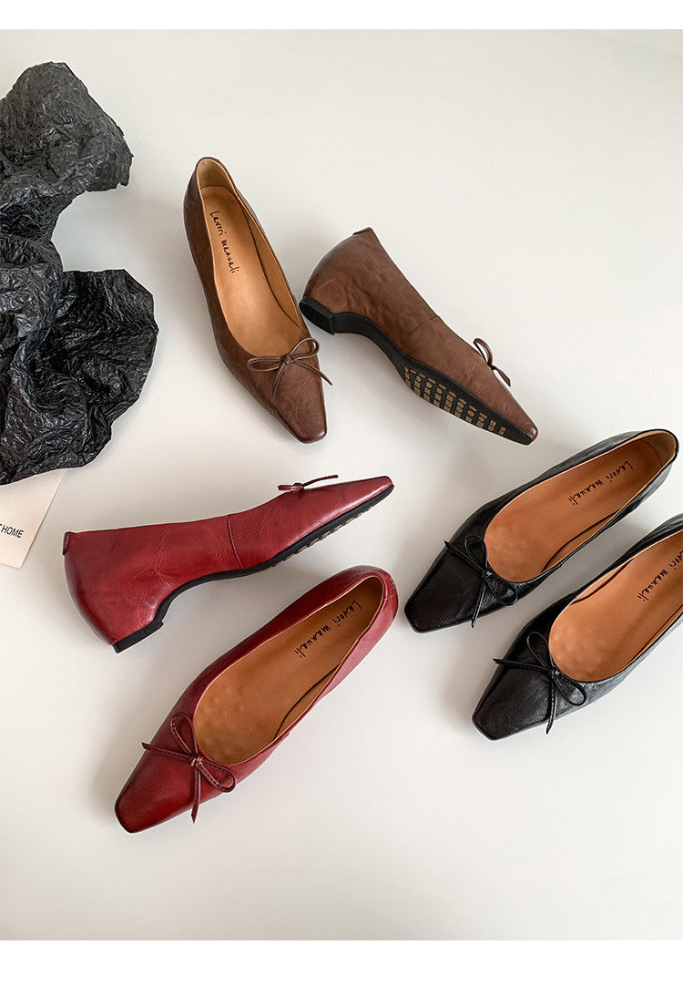 Karin Luna Full Layer Inside and Out~Basic Versatile Small Square Toe Butterfly Knot Irregular Heel Single Shoes