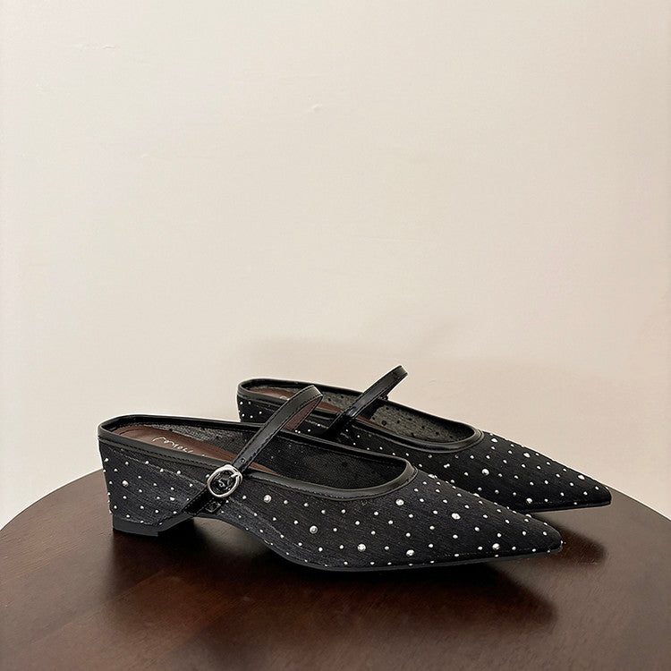 Karin Luna In Stock Spot Goods  Breathable Mesh Fabric Embellished Hand Drill Pointed Toe Slippers