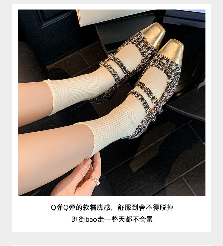 Karin Luna Classic Chanel Style~ Tweed Spring Limit Square Toe Chunky Heel Mary Jane Strap Single Shoes