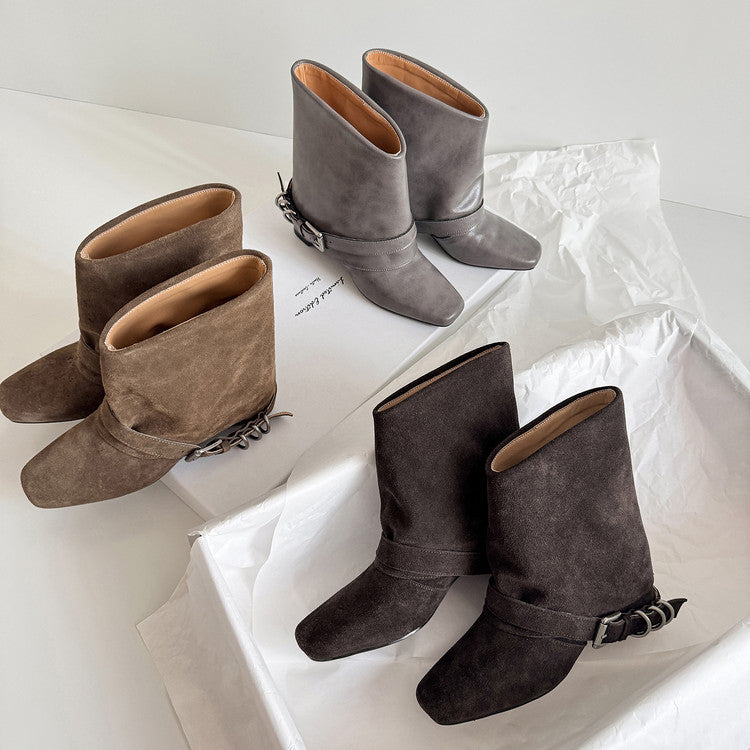 Karin Luna Data Hot Item Square Toe Hidden Wedge Belt Buckle Suede Ankle Boots
