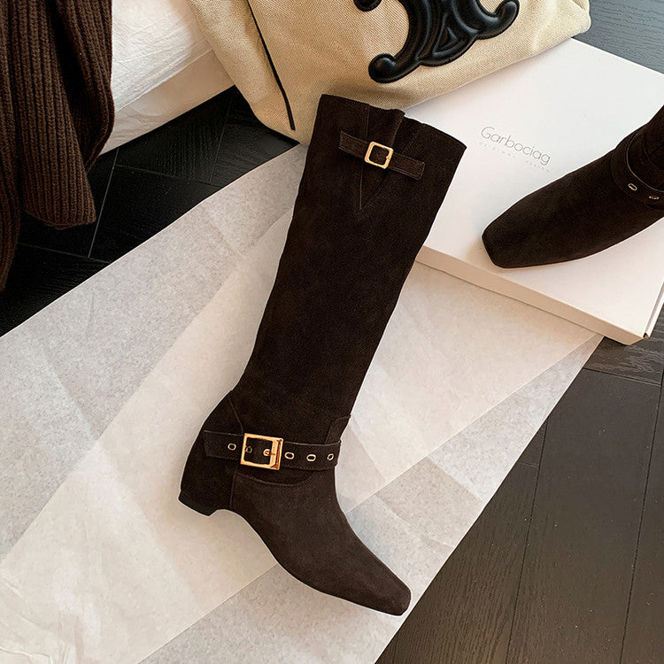 Karin Luna Data Model Belt Buckle Matte Square Toe Hidden Wedge Slouch Western Boots