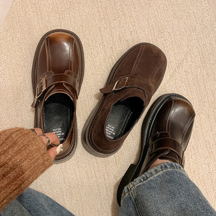 Karin Luna In Stock Spot Goods Metal Round Toe Cow Leather Thick Sole Flats