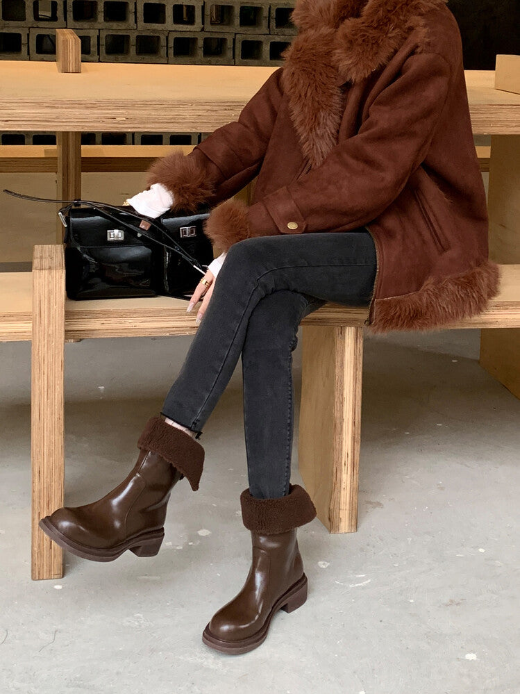 Karin Luna Classic Basic Style   Convertible Foldable Hidden Buckle Snow Fur Shoes Full cowhide Basic Flat Short Boots