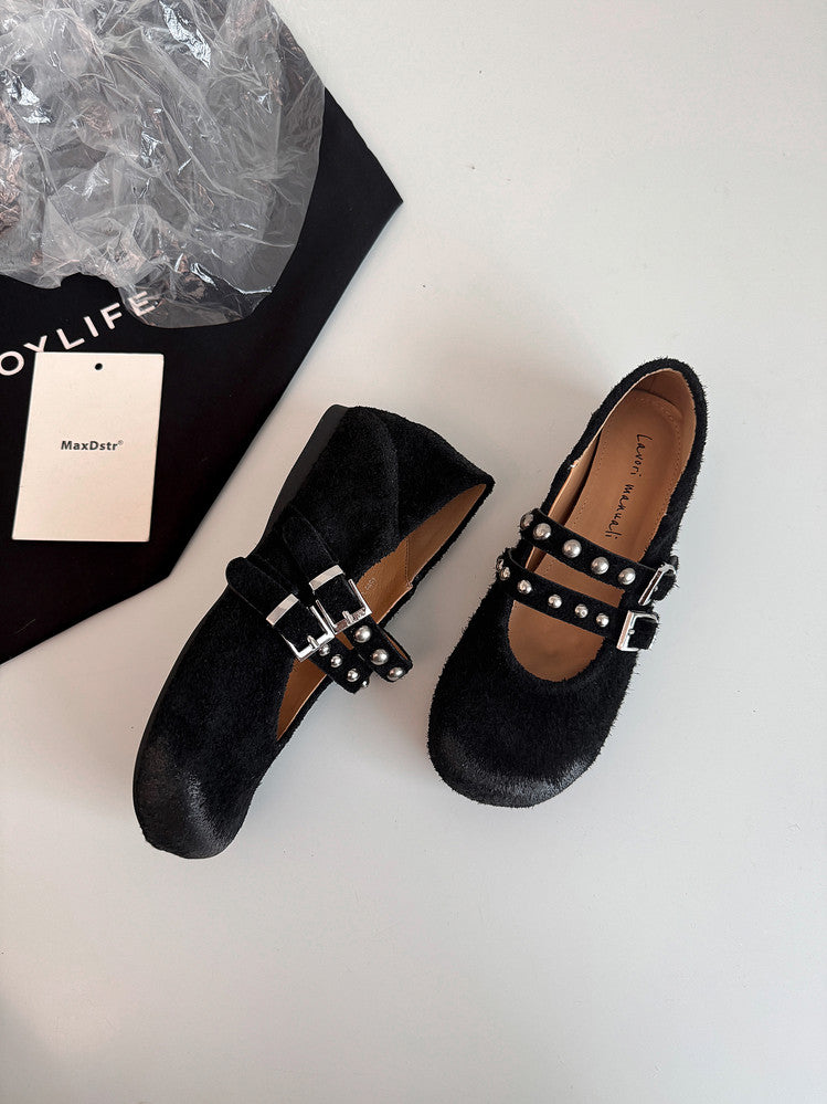 Karin Luna Hot Item Hot Item Punk Style One-Strap Round-Toe Suede Leather Height-Increasing Flats