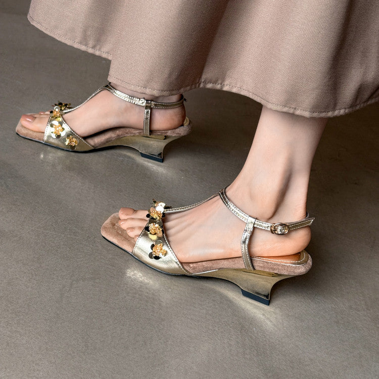 Karin Luna Hot-Selling Sequin Floral Series ~  Square Toe Irregular Heel Square Toe Sandals