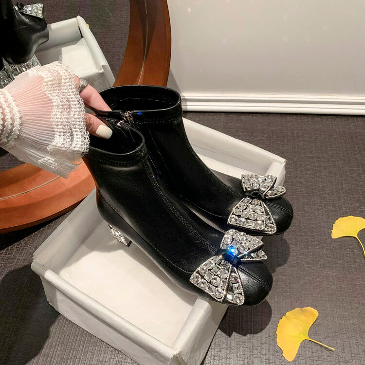 Karin Luna In Stock   Rhinestone Bow Thick Heel Slim Boots