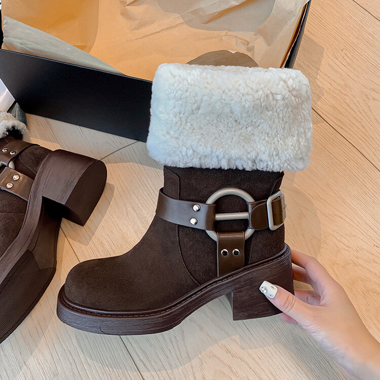Karin Luna Genuine Lamb Wool and Cowhide Leather Hot-selling Metal Buckle Round Toe Chunky Heel Main Push Main Push