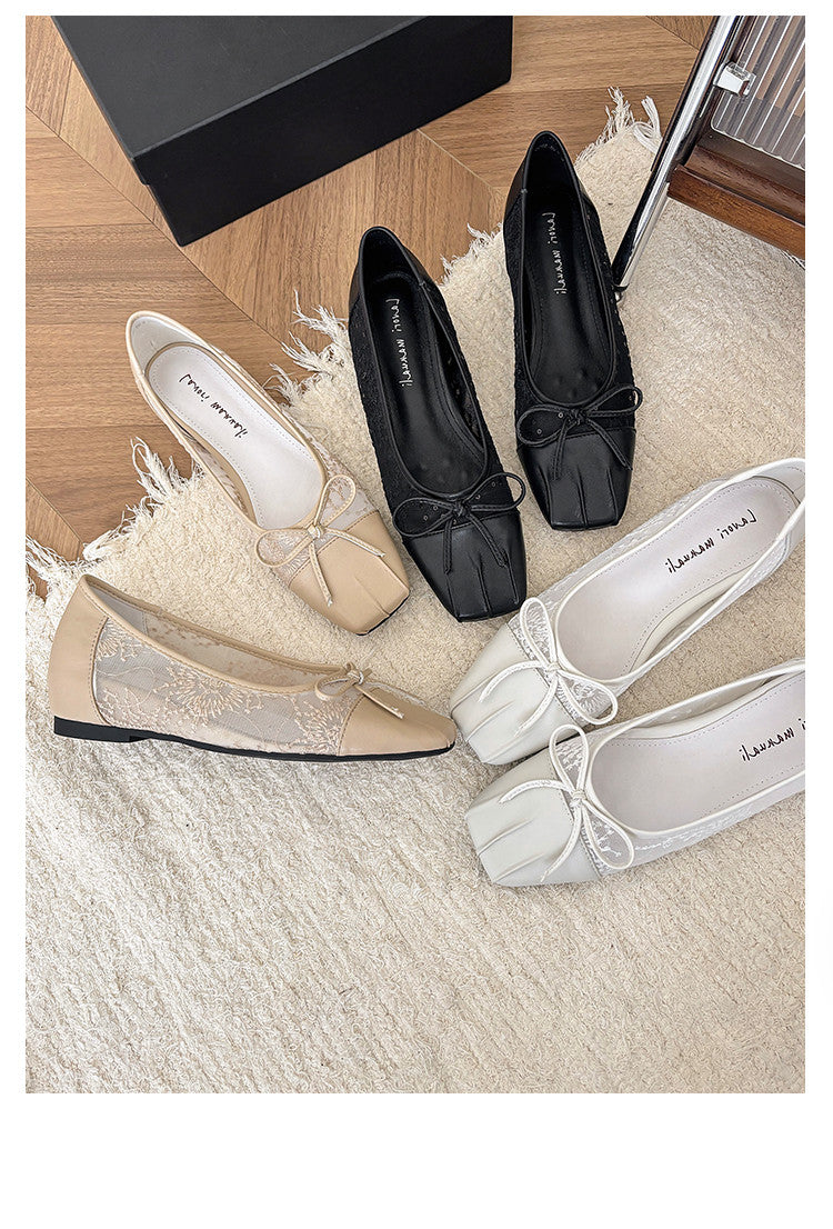 Karin Luna In Stock In Stock  Wrinkled Square Toe Patchwork Breathable Mesh Bow Granny Shoes