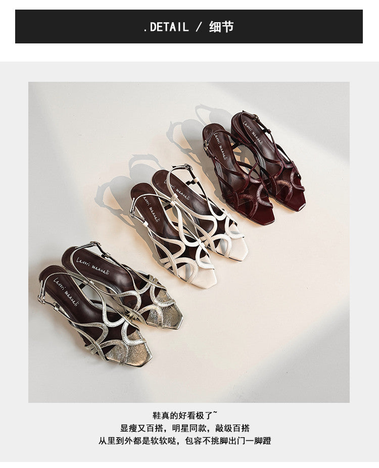 Karin Luna French Hollow Style Small Square Toe Chunky Heel Sandals