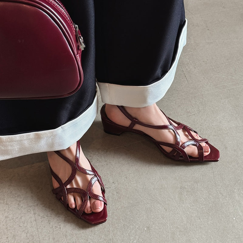 Karin Luna French Hollow Style Small Square Toe Chunky Heel Sandals