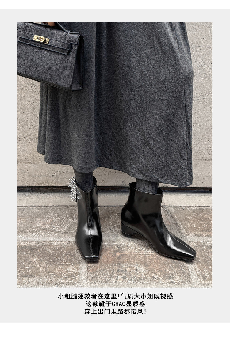 Karin Luna Elegant Style Square Toe Flower Design Height Increasing Short Boots with Two Front and Back Options