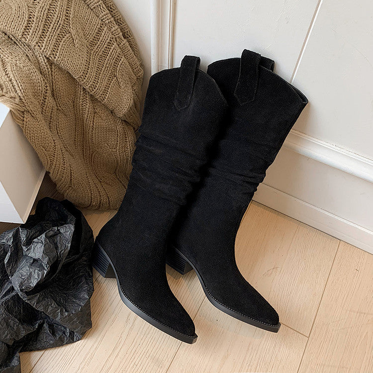 Karin Luna Elegant Style  Pointed Toe Wrinkled Wide Western Boots