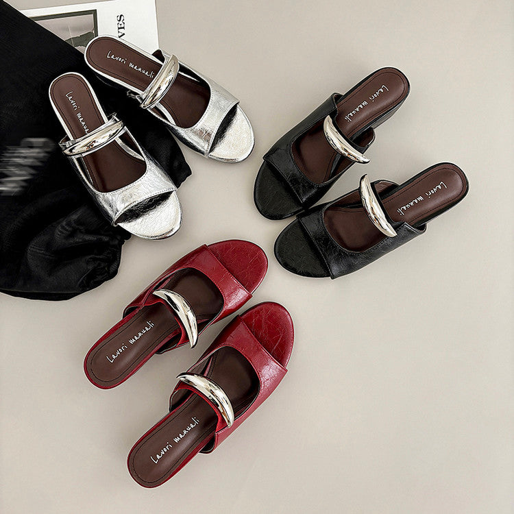 Karin Luna In Stock Spot Goods  Metal Buckle Round Toe Strap Slippers