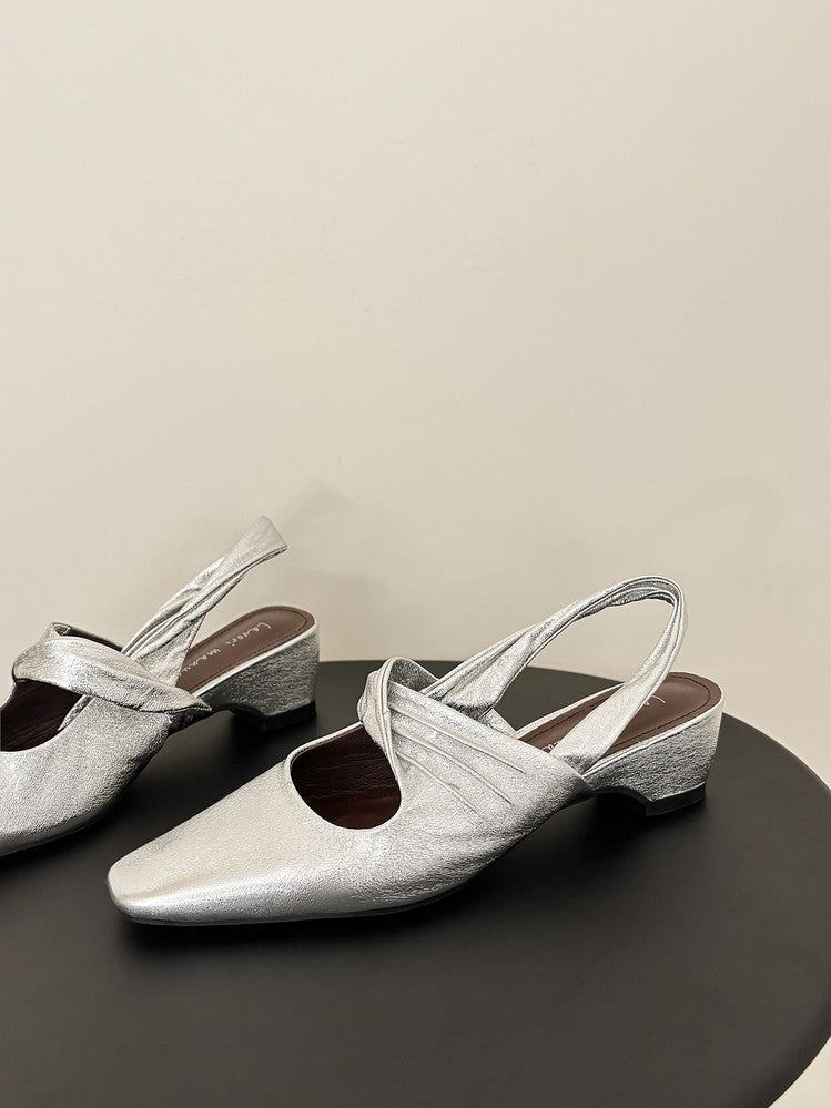 Karin Luna In Stock  Spot Goods Small Square Toe Wrinkled Chunky Heel Closed-Toe Sandals