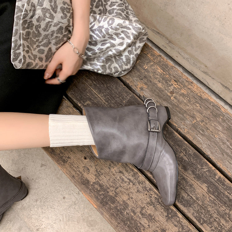 Karin Luna Data Hot Item Square Toe Hidden Wedge Belt Buckle Suede Ankle Boots