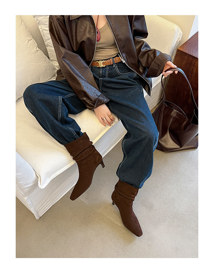 Karin Luna In Stock Spot Goods  Retro Wrinkled Small Square Toe Short Boots