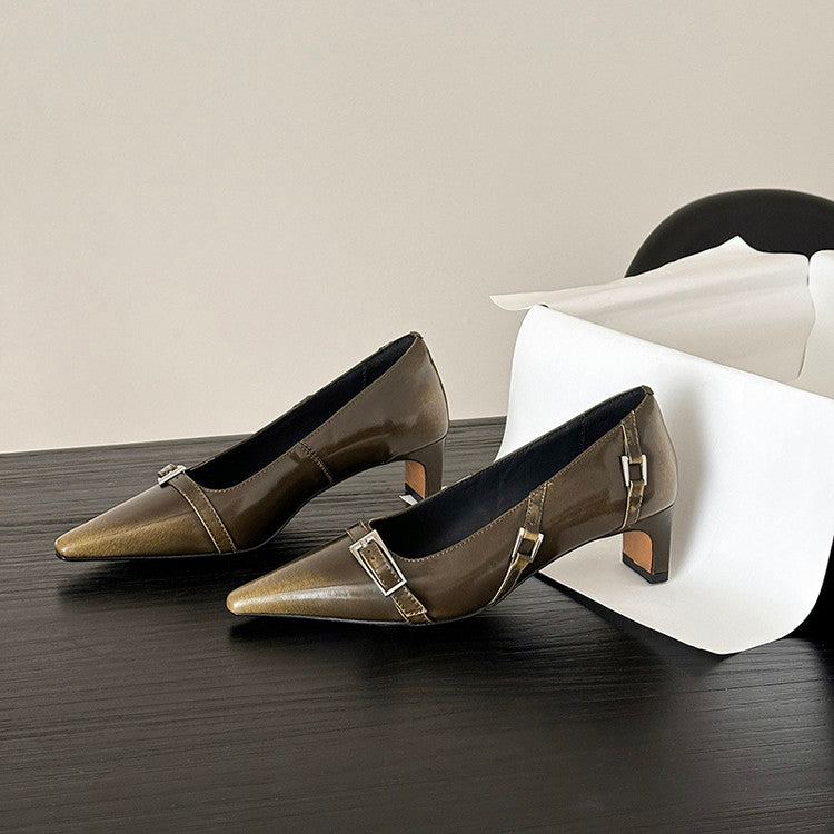 Karin Luna In Stock In Stock Retro Belt Buckle Small Square Toe Chunky Heel Single Shoes