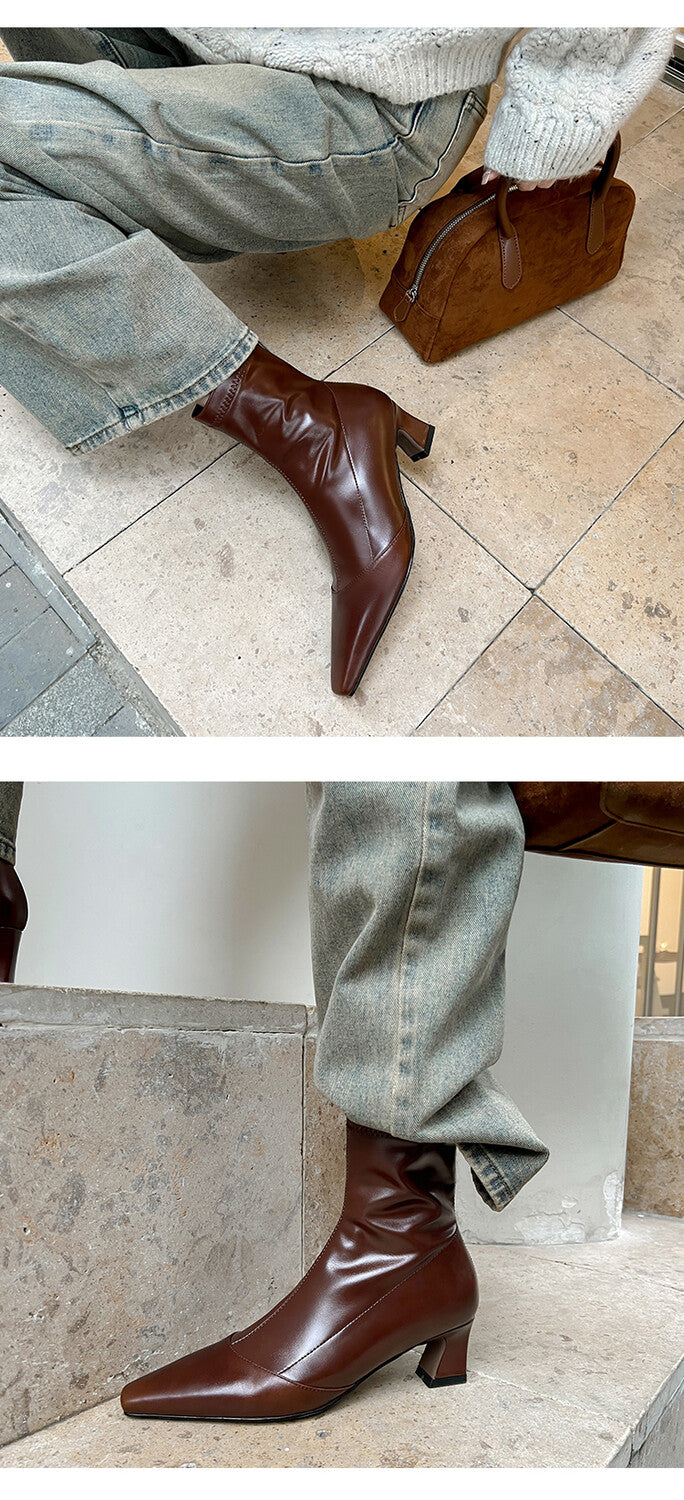 Karin Luna Elegant Small Square Toe Chunky Heel Slim Boots