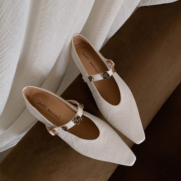 Karin Luna In Stock Spot Goods    Retro Classic Metal Camellia Irregular Heel Single Shoes