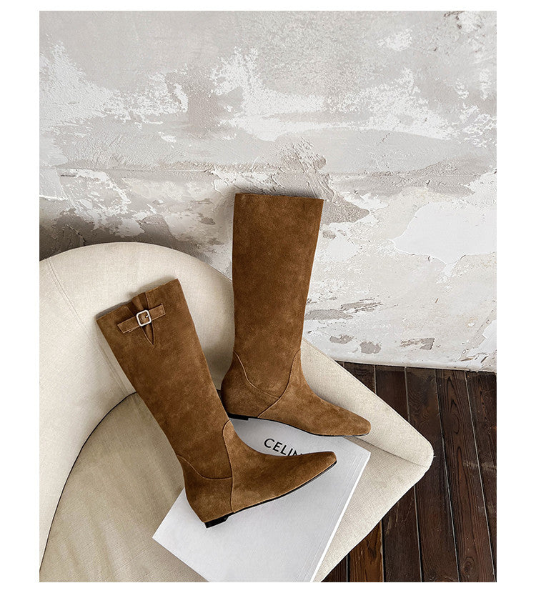 Karin Luna In Stock Spot Goods Vintage Cowhide Leather Chunky Heel Height Increasing Long Boots