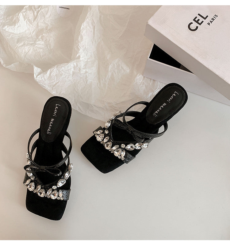 Karin Luna In Stock In Stock  Square Toe Rhinestone Bow Suede Slippers