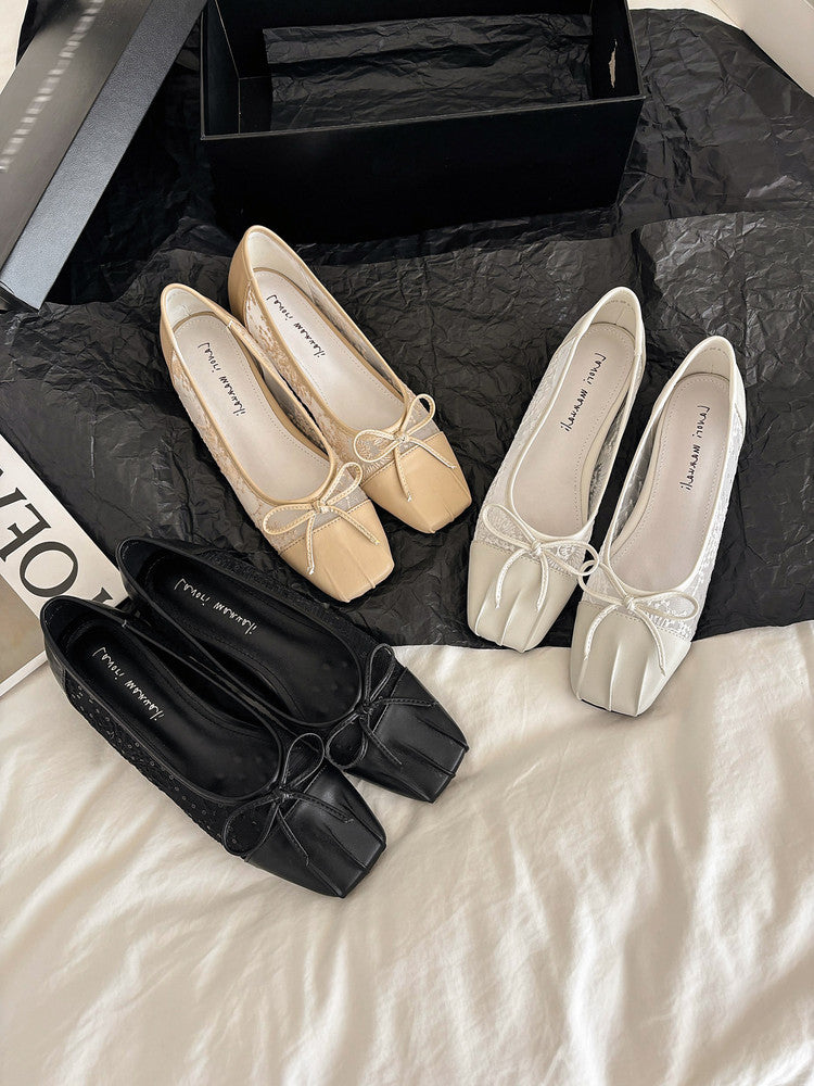 Karin Luna In Stock In Stock  Wrinkled Square Toe Patchwork Breathable Mesh Bow Granny Shoes