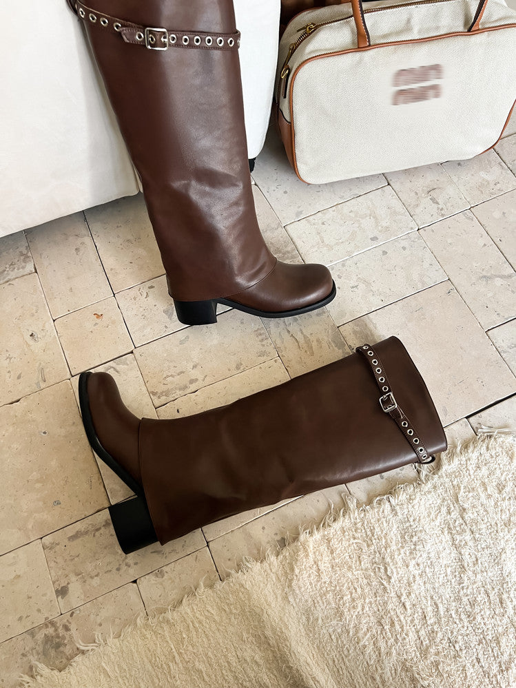 Karin Luna In Stock Spot Goods Belt Buckle Color-Washed Casual Thick-Soled Bootcut Pants Boots