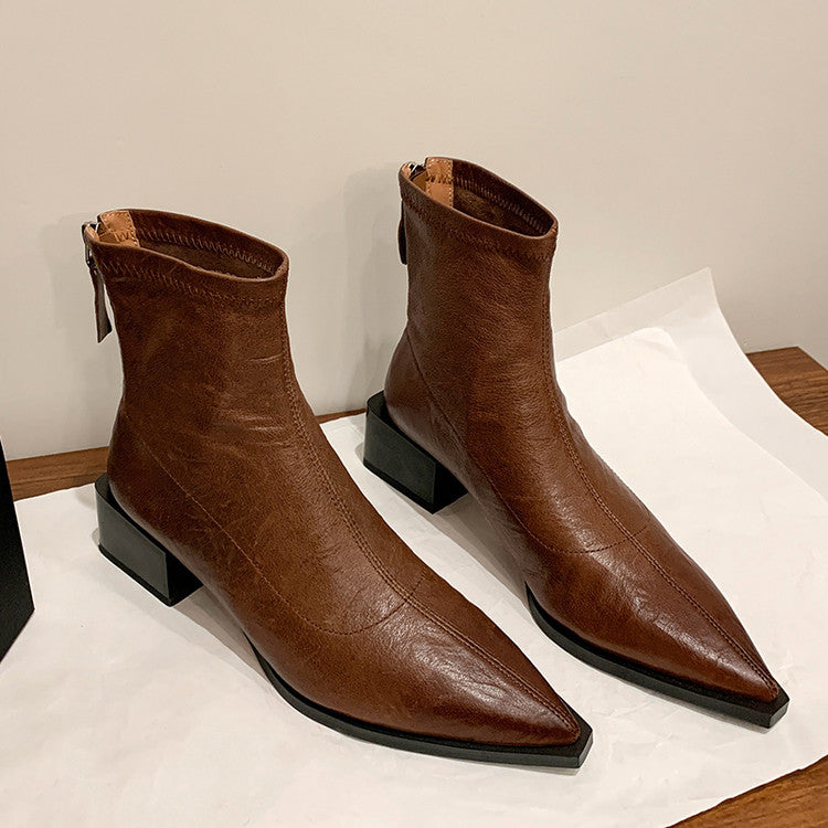 Karin Luna Elegant Style Pointed Toe Chunky Heel Short Boots