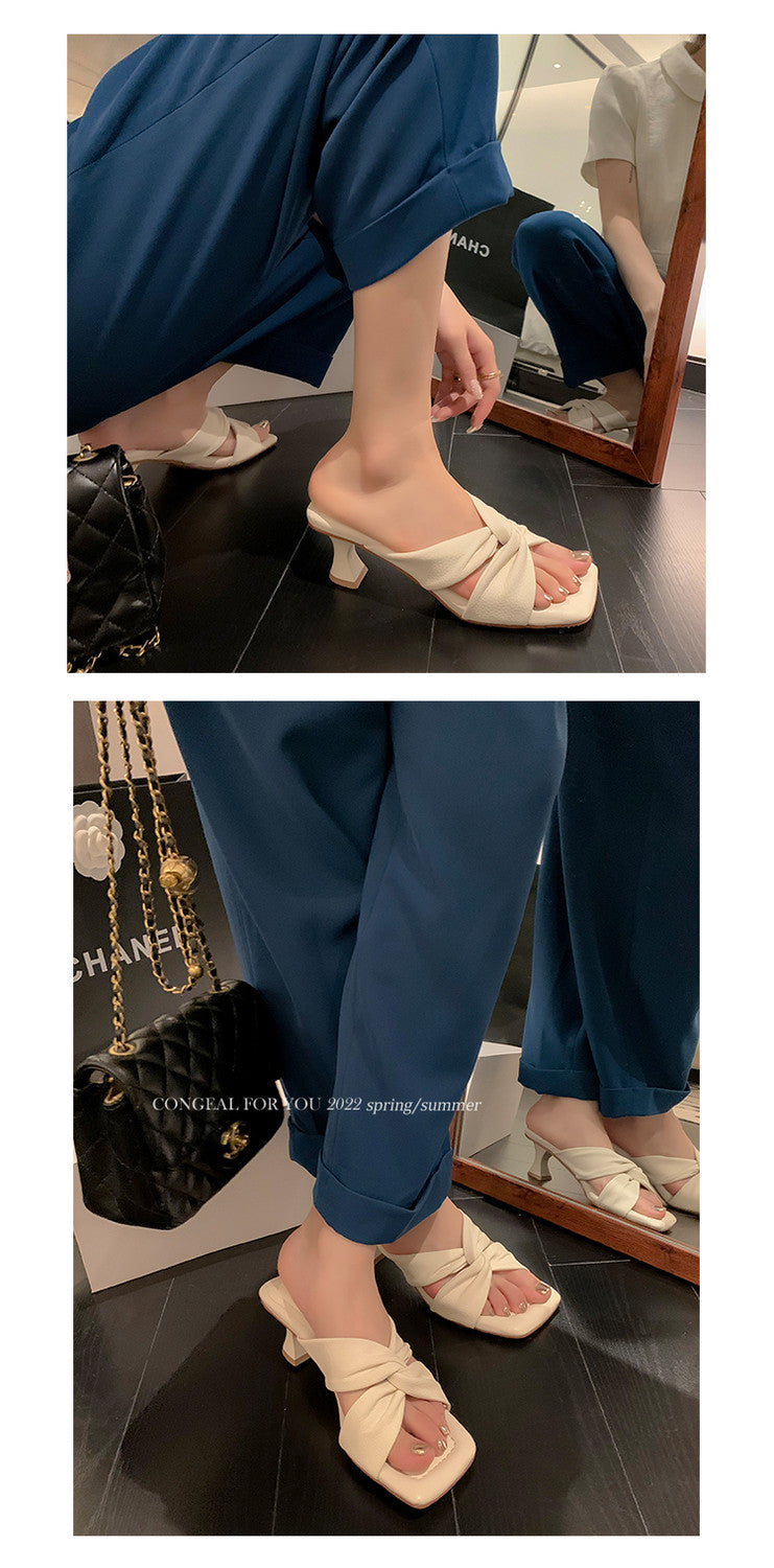 Karin Luna In Stock In Stock  Comfortable Cross Strap  Airy High Heel Square Toe Slippers