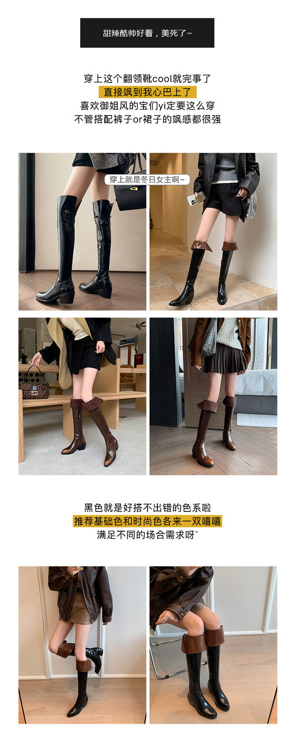 Karin Luna exploded  Three versions exploded Single Fleece Lining Fur Collar Version  Thick Fur Collar Foldable Hot-Selling Full Cowhide Pointed Toe Chunky Heel Classic Style