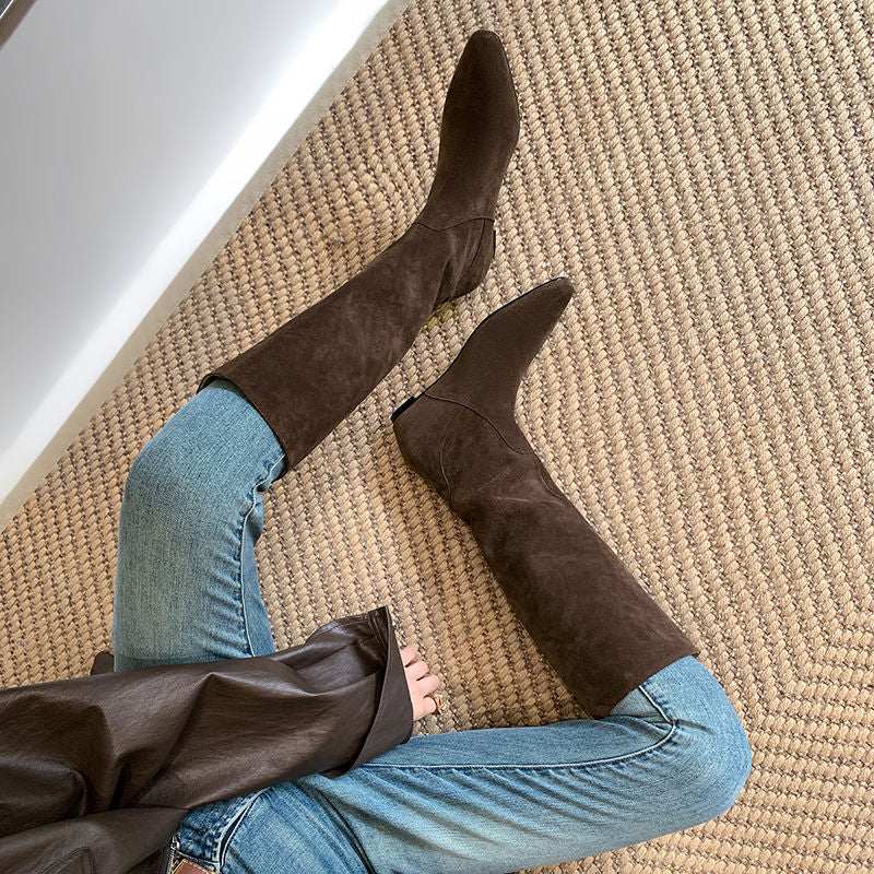 Karin Luna In Stock Spot Goods Vintage Cowhide Leather Chunky Heel Height Increasing Long Boots