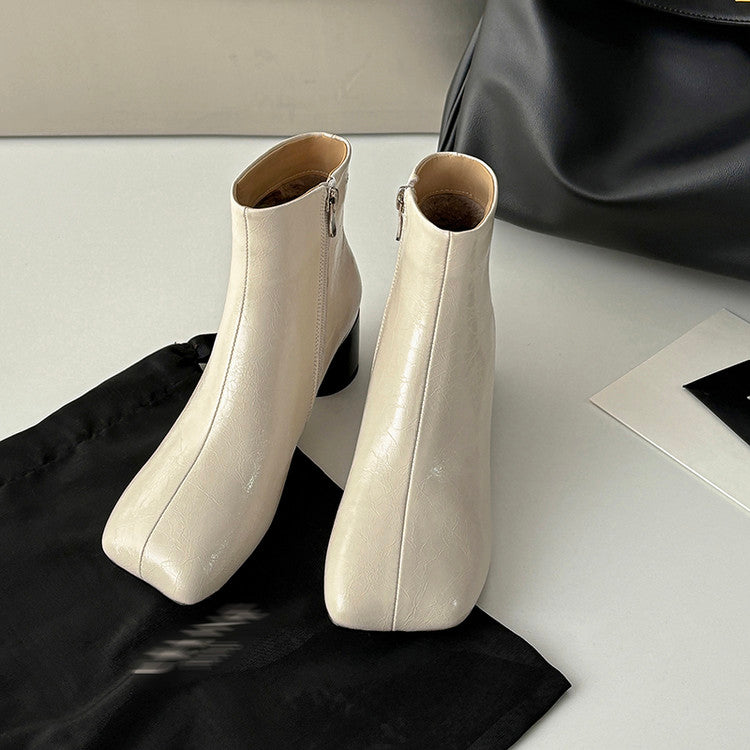 Karin Luna French Style Square Toe Chunky Heel Ankle Boots