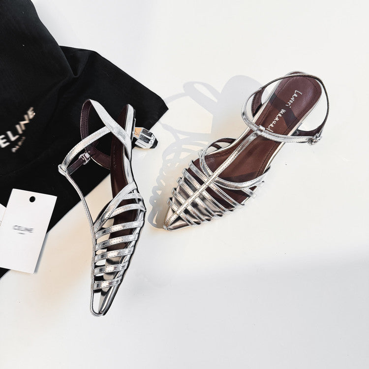 Karin Luna French Hollow Toe Metal Heel Elegant Sandals