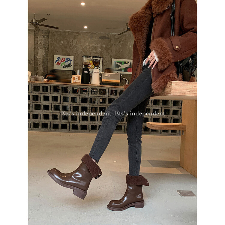 Karin Luna Classic Basic Style   Convertible Foldable Hidden Buckle Snow Fur Shoes Full cowhide Basic Flat Short Boots