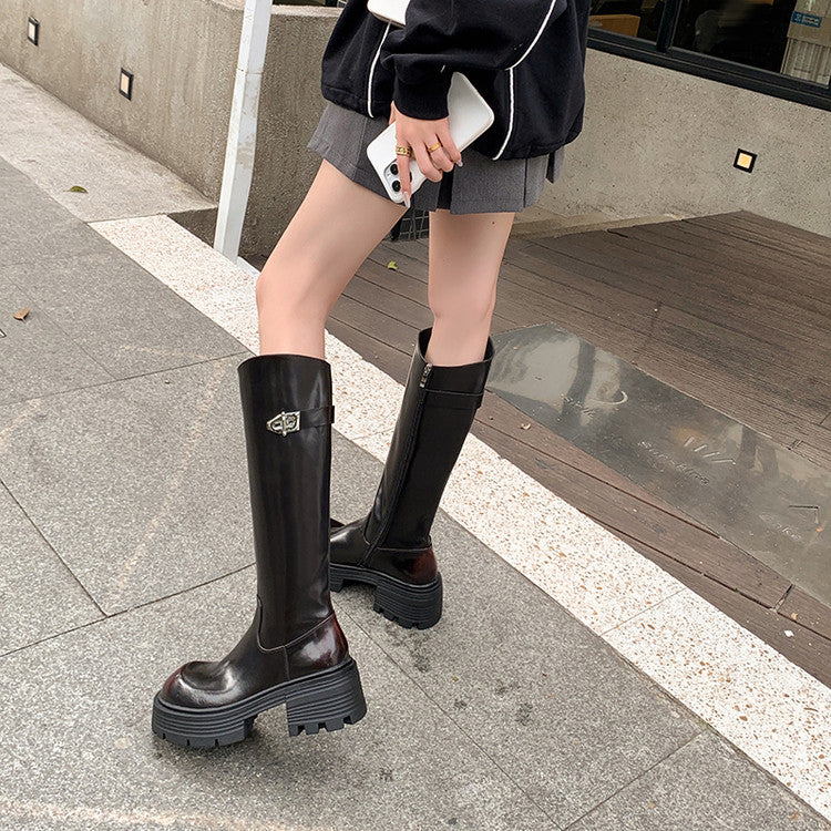 Karin Luna In Stock In Stock  Round Toe Thick Sole Belt Buckle Side Zipper Knight Boots