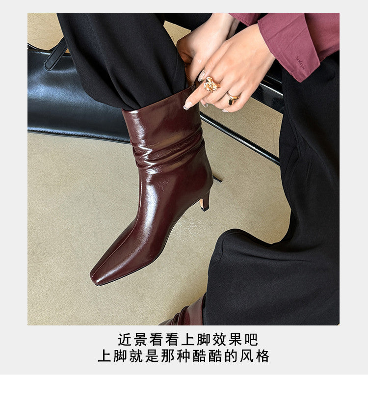 Karin Luna In Stock Spot Goods  Retro Wrinkled Small Square Toe Short Boots