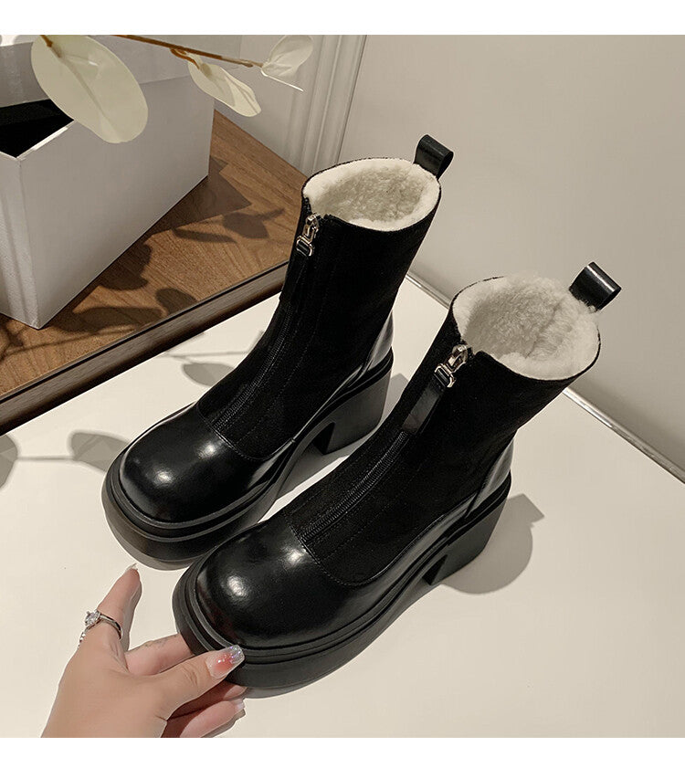 Karin Luna Basic Bestseller Timeless Thick Fur Lined Round Toe Thick Sole Cowhide Snow Boots