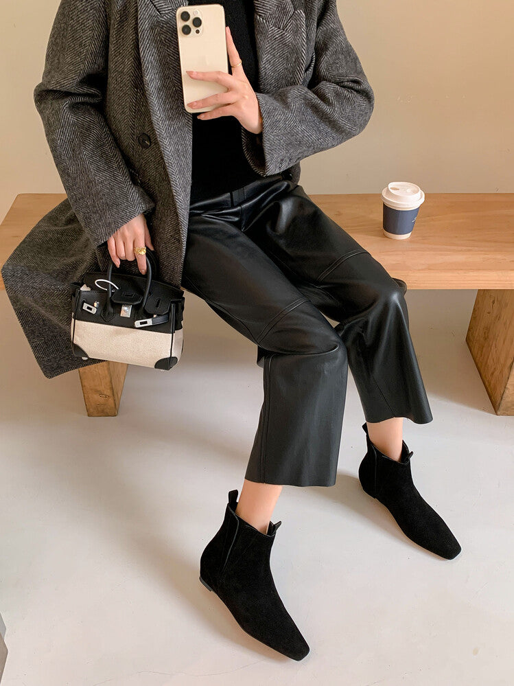Karin Luna Classic Style Internal Height Increase Cowhide Leather Small Square Toe Short Fashion Boots