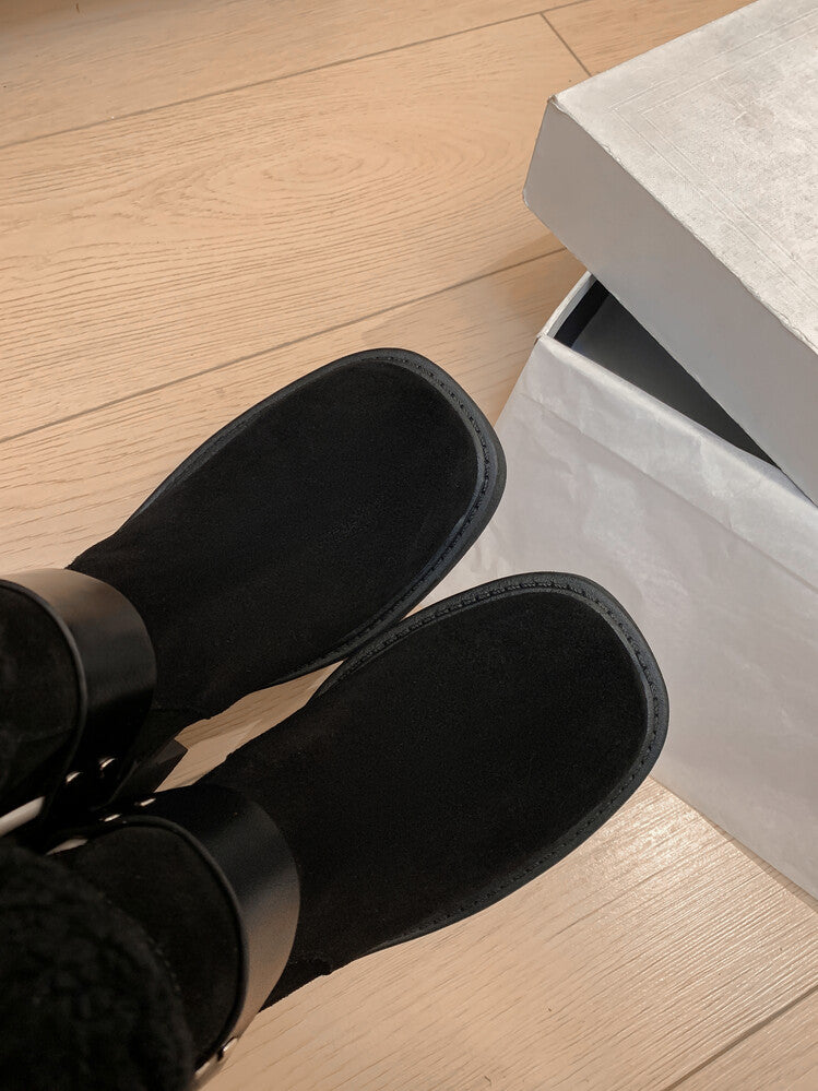 Karin Luna Genuine Lamb Wool and Cowhide Leather Hot-selling Metal Buckle Round Toe Chunky Heel Main Push Main Push