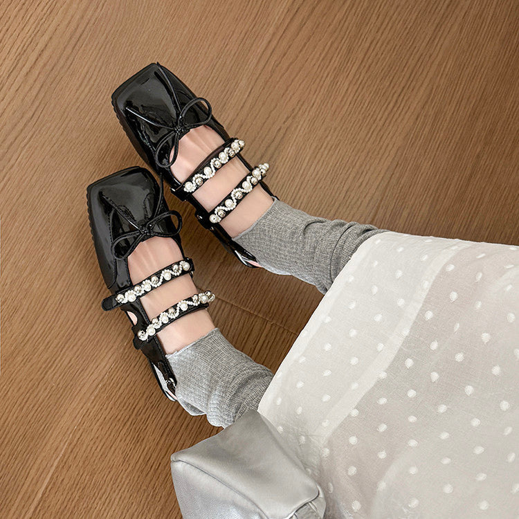 Karin Luna In Stock In Stock  Square Toe Bowknot Pearl Strap Closed-Toe Sandals