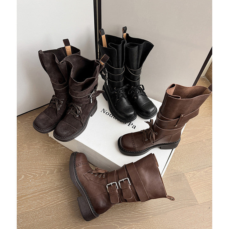 Karin Luna Bestseller Hot-Selling Large Tube Leather Belt Buckle Round Toe Thick-Soled Short Boots