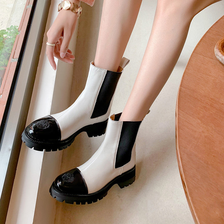 Karin Luna In Stock Spot Goods  Classic Embroidered Camellia Round Toe Thick Sole Chelsea Boots