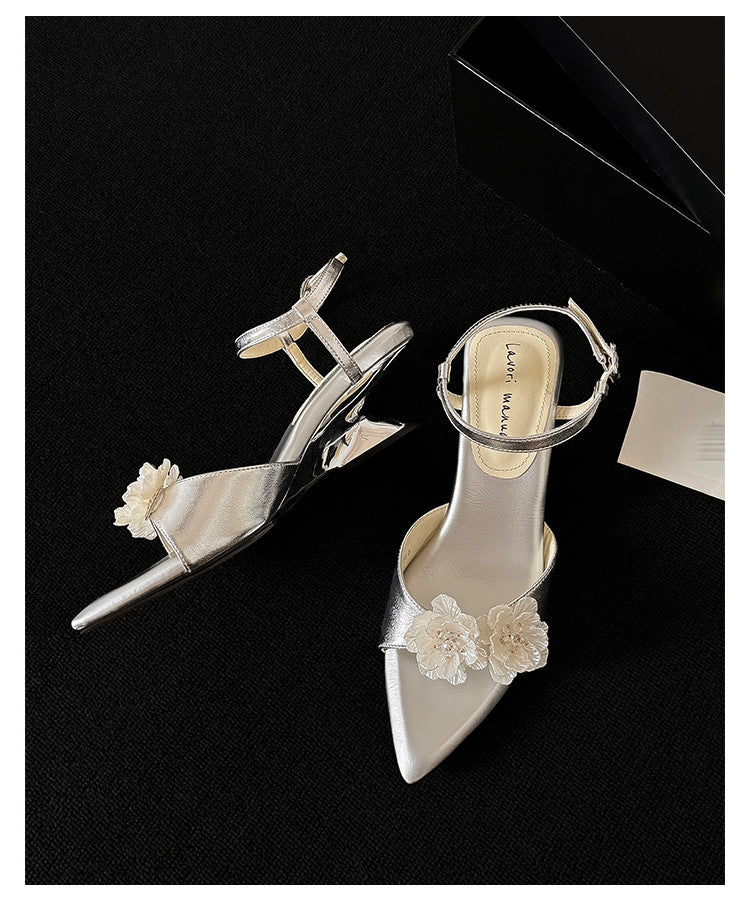 Karin Luna In Stock Spot Goods  Classic Camellia Pointed Toe Elegant Irregular Heel Sandals