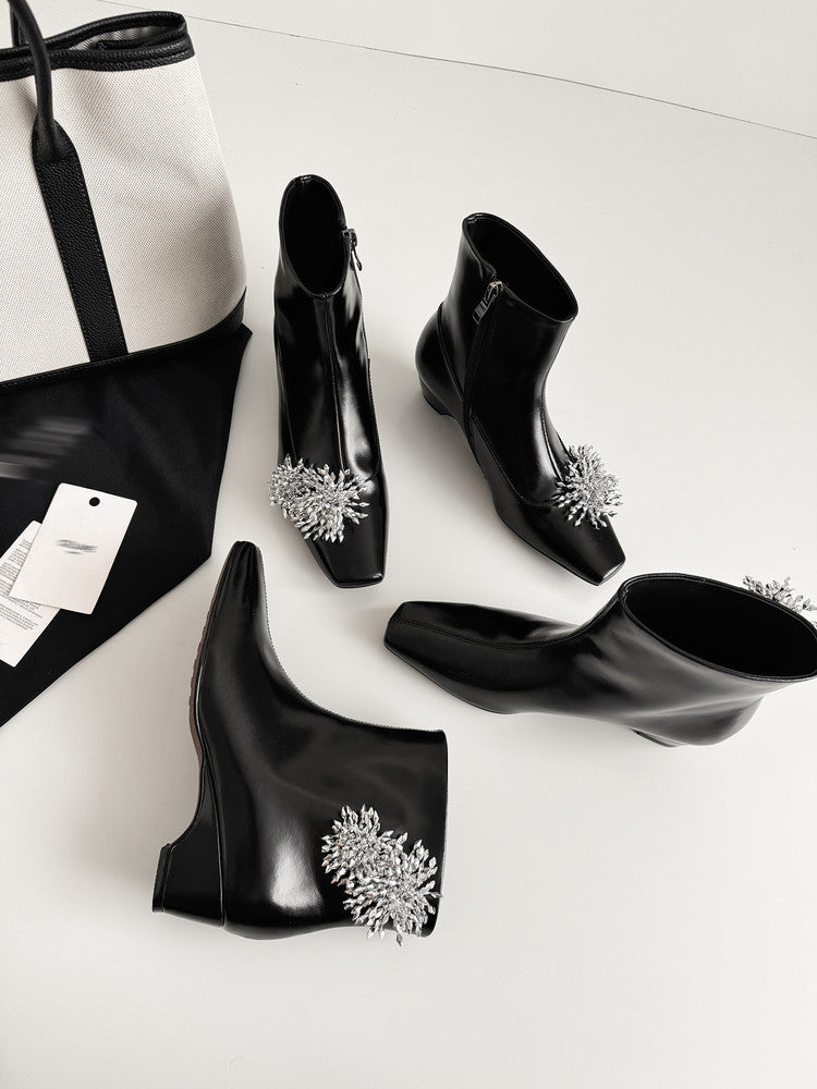 Karin Luna Elegant Style Square Toe Flower Design Height Increasing Short Boots with Two Front and Back Options