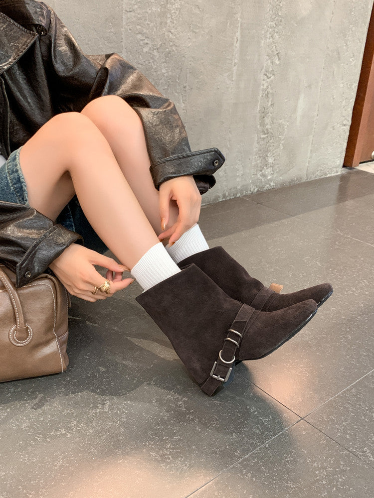Karin Luna Data Hot Item Square Toe Hidden Wedge Belt Buckle Suede Ankle Boots