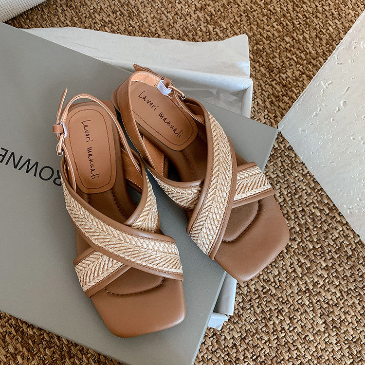 Karin Luna In Stock  Spot Goods Woven Style  Cross-strap Vacation Style Flat Sandals