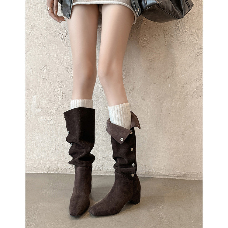 Karin Luna Bestseller Hot-Selling Hidden Buckle Lazy Style Square-Toe Height-Increasing Suede Western Boots